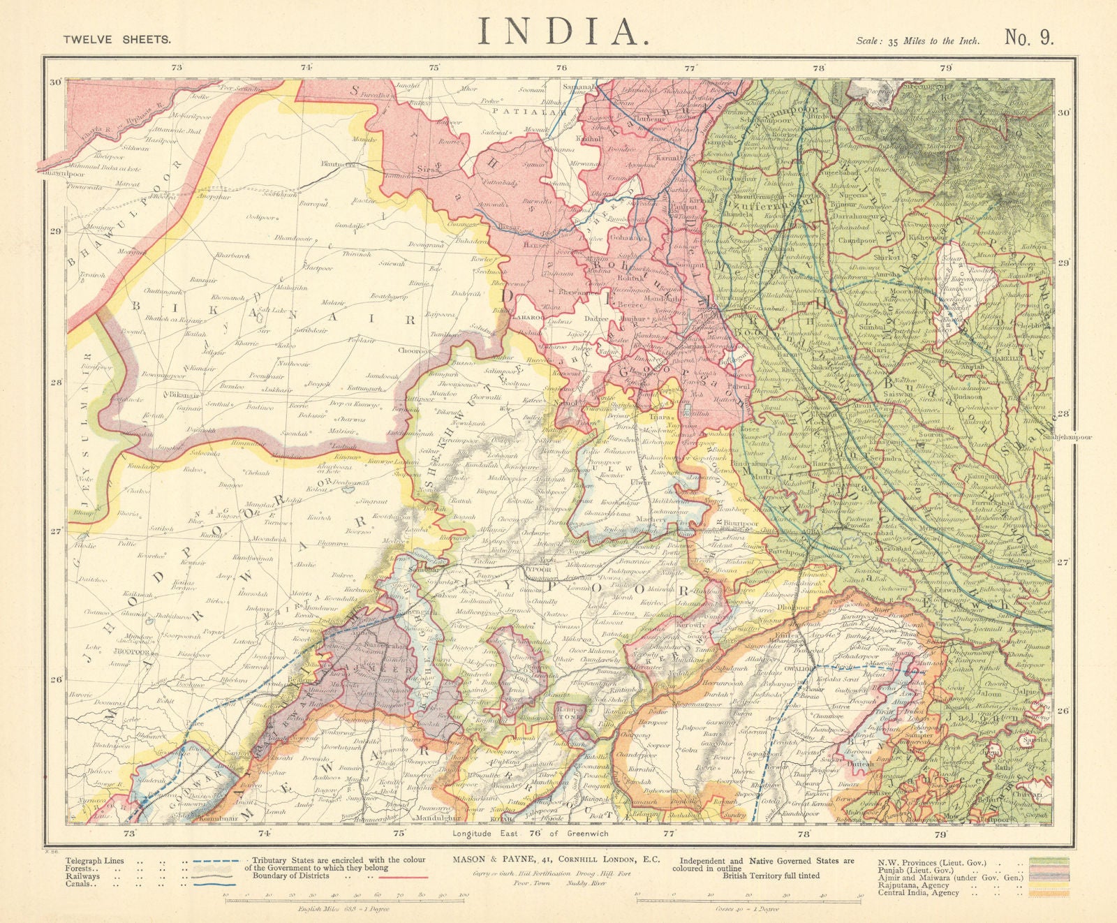 RAJASTHAN British India Delhi Jaipur Jodhpur Ajmer Agra. Railways LETTS 1892 map